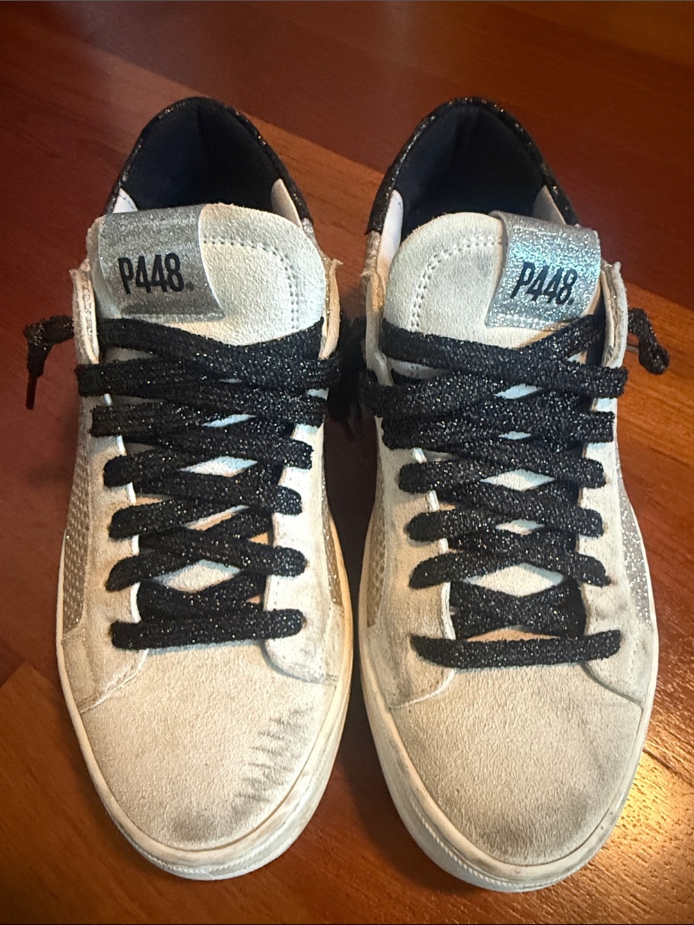 P448 Suede Low-Top Sneakers with Black Sparkle Laces and Silver Accents